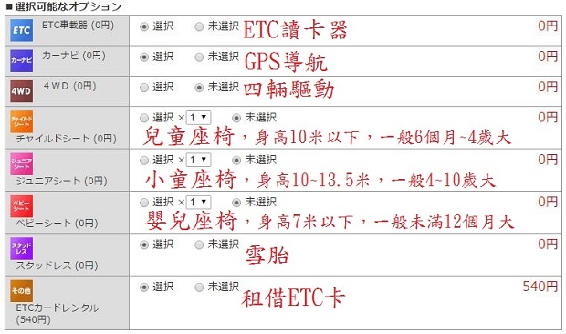 租车时可以选择的选择项