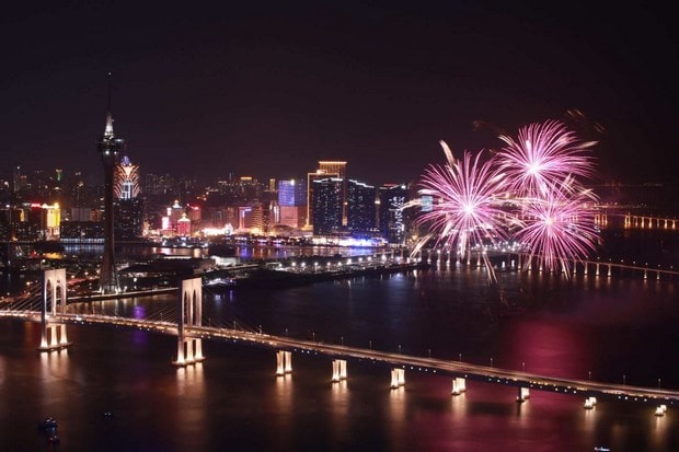 Macau’s three bridges with fireworks