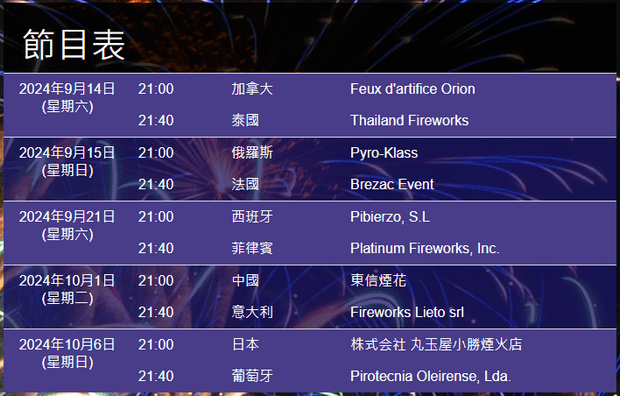 2024 Macau International Fireworks Display Contest Participants and Schedule
