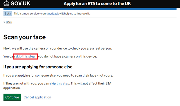 Using the website to apply for UK ETA_Step6_Facial scan