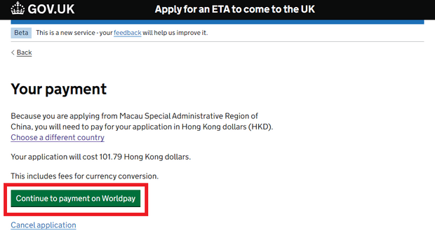 สมัคร UK ETA ผ่านเว็บไซต์_ขั้นตอน13_ชำระค่าธรรมเนียมการสมัคร