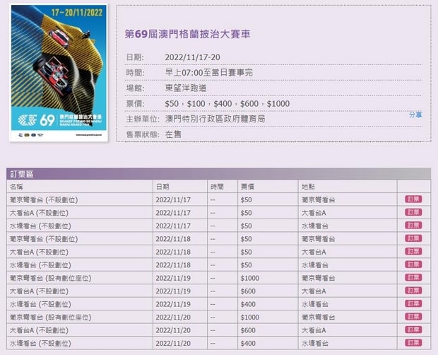2022年澳門大賽車網上購票