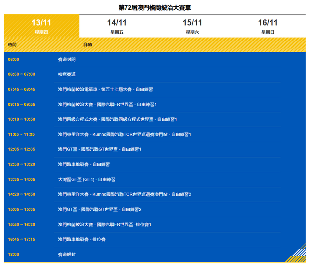澳門格蘭披治大賽車2025年11月13日賽程表