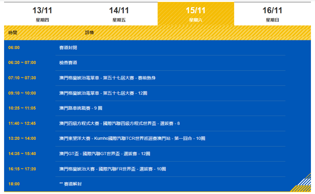 澳門格蘭披治大賽車2025年11月15日賽程表
