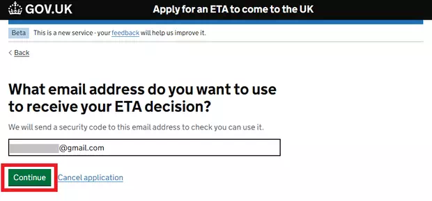 英國ETA官網申請步驟2：輸入電子郵件