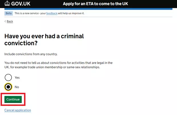 英國ETA官網申請步驟10：犯罪紀錄問題