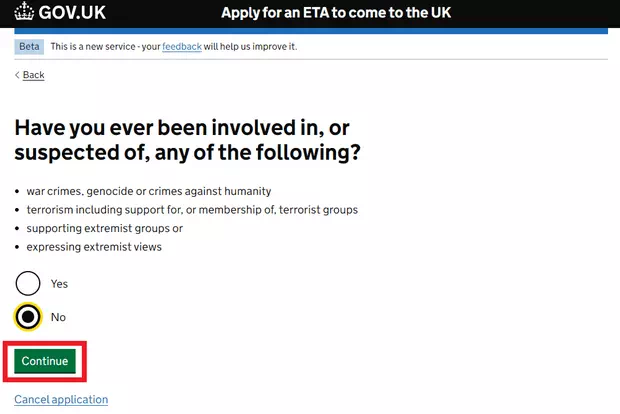 英國ETA官網申請步驟11：涉及特定罪行問題