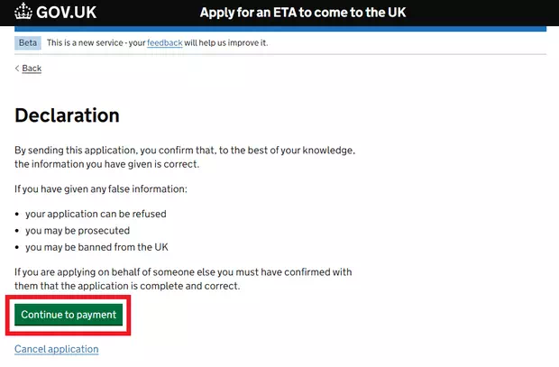 英國ETA官網申請步驟13：確認申請費用