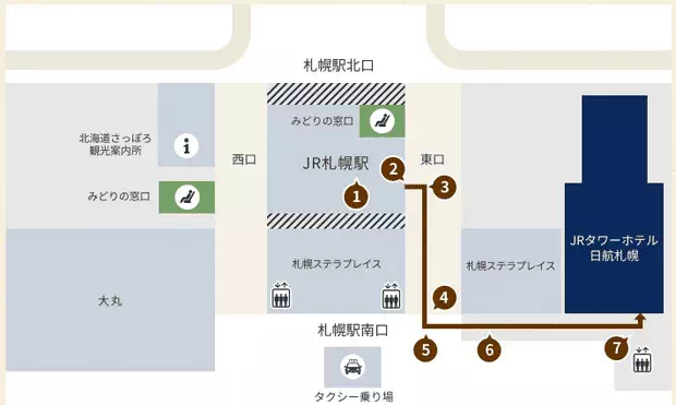 從 JR 札幌站閘口前往JR Tower 日航飯店札幌的室內步行路線
